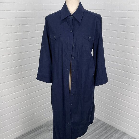 R &K Dress Women 14 Blue Shirt Button Linen‎ Blend Lined Midi Classic - Picture 1 of 16